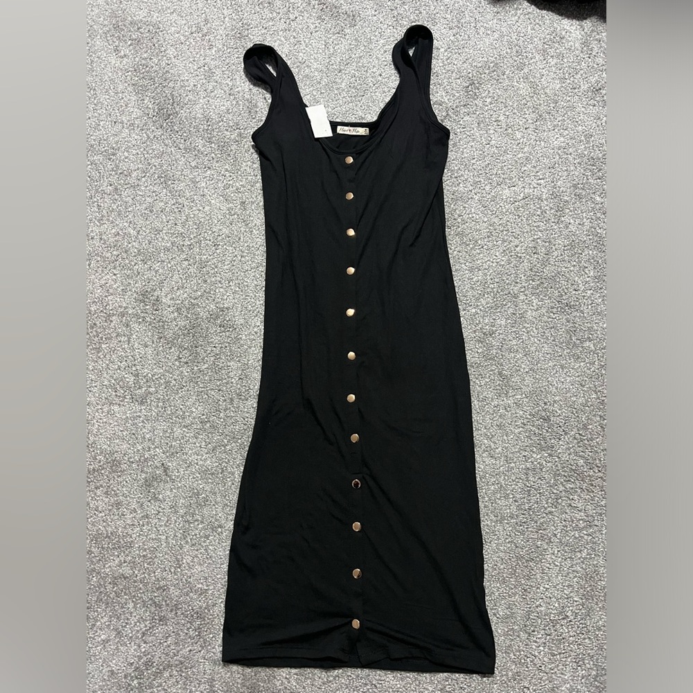 Women’s black dress gold buttons